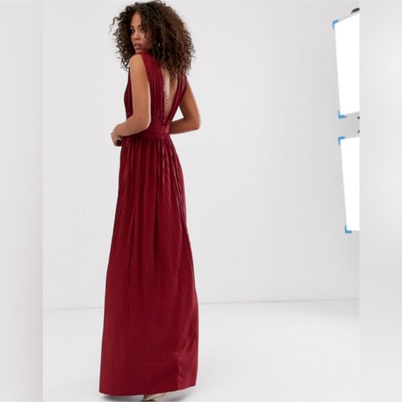 ASOS Burgundy Lace Insert Pleated Slit Maxi Dress 8 - Picture 3 of 14